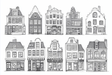 Cute Dutch buildings with shops, bookstore, cafe, coffee shop. Contour monochrome vector illustration, coloring for children in a hand-drawn childish style. Pencil drawn, vector sketch