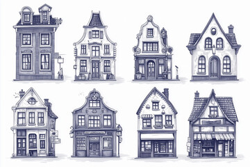 Cute Dutch buildings with shops, bookstore, cafe, coffee shop. Contour monochrome vector illustration, coloring for children in a hand-drawn childish style. Pencil drawn, vector sketch