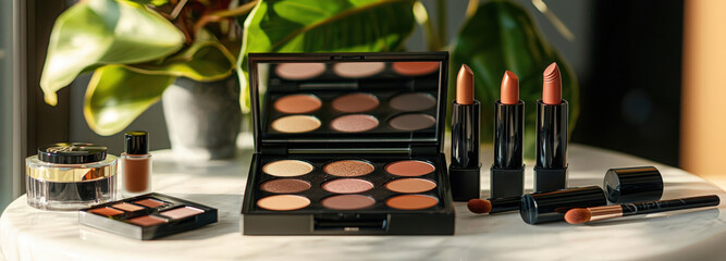 A beautifully arranged makeup set with palettes and lipsticks on a marble table indoors