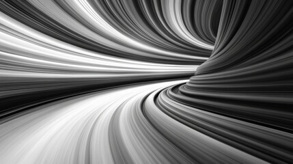 This artistic piece abstractly symbolizes the concepts of speed and motion through the use of smooth curves and contrasting light, effectively embodying a contemporary minimalistic design aesthetic