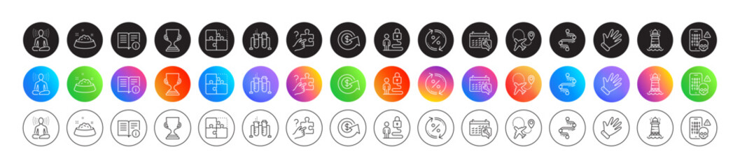 Puzzle, Yoga and Dog feeding line icons. Round icon gradient buttons. Pack of Cyber attack, Technical info, Search puzzle icon. Spanner, Lighthouse, Timeline pictogram. Vector