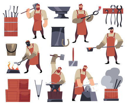 Blacksmith worker and crafted tools vector flat set, professional farrier character hard working in the smithy, workshop