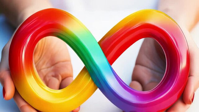 Colorful autism infinity rainbow symbol sign in outstretched woman hands. World autism awareness day, autism rights movement, neurodiversity, autistic acceptance movement