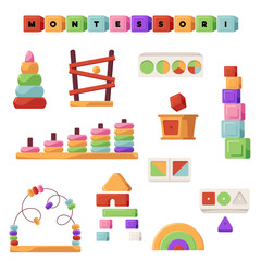 Montessori toys, logic games vector icons set, colorful pyramid toy tower construction, baby education and entertainment