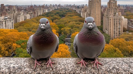 Two pigeons looking at the camera, with Central Park in the background. © AGUNG