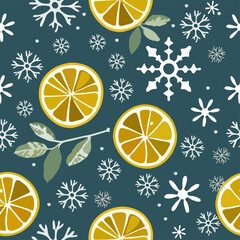 Hand drawn vector seamless christmas pattern with citrus fruits lemons and snowflakes on blue background. 2025 New Year fashion ornament for fabric, paper, textiles, notepad, women clothing, packaging
