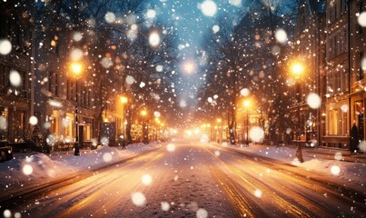 Snowy street at night with glowing streetlights and falling snowflakes
