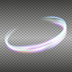 Glowing swirl PNG of bright lines. Vector Circle Neon Light line of Iridescent Holographic Rainbow light Overlay effect. Isolated on transparent background. Light round Advantage effect. Curved light