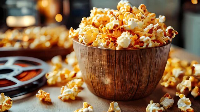 Buckets filled with buttery popcorn next to a film reel on a wooden surface, perfect for cinema nights and movie-time snacks. A cozy setup for a home theater experience