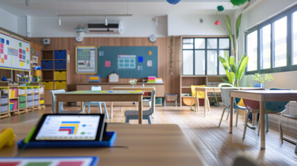 An interactive tablet displays engaging learning modules in a bright, modern classroom with a minimalist design and natural lighting