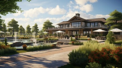 Luxurious modern house with landscaped garden, pond, and outdoor seating area.