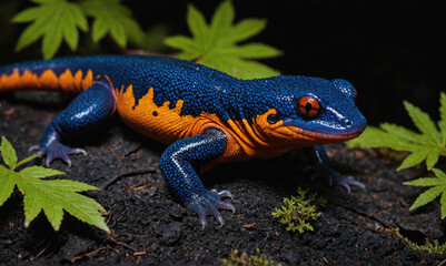 Obraz premium A blue and orange lizard with bright red eyes sits on the forest floor, surrounded by green leaves