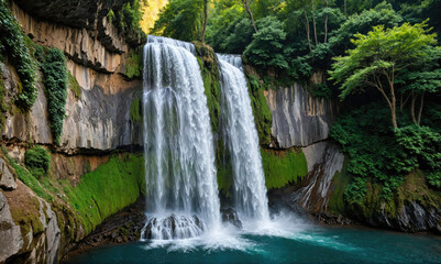 A double waterfall cascades down a rocky cliff, surrounded by lush green foliage