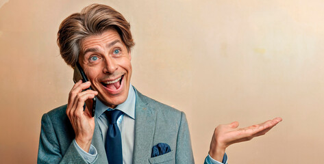 a man talking on a cell phone, businessman, vitality, portrait, smiling