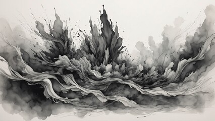 Dynamic black and white abstract art with fluid lines and expressive splashes