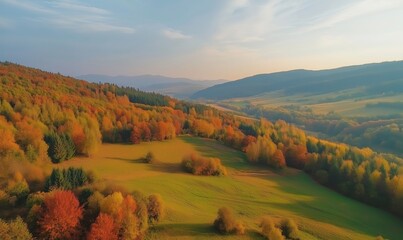 Autumn landscape with vibrant foliage, rolling hills, and serene valley
