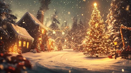 Obraz premium Snowy village with decorated Christmas tree and lights at night. Winter holiday scene with snow-covered houses.