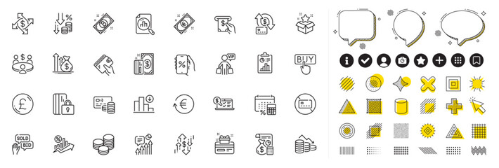 Set of Buying, Bid offer and Bitcoin line icons for web app. Design elements, Social media icons. No card, Report, Online accounting icons. Discounts app, Pound money, Card signs. Vector