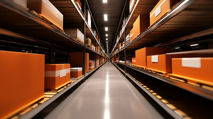 Obraz premium Efficient warehouse storage with organized shelves filled with boxes. image showcases modern inventory management system, emphasizing order and accessibility