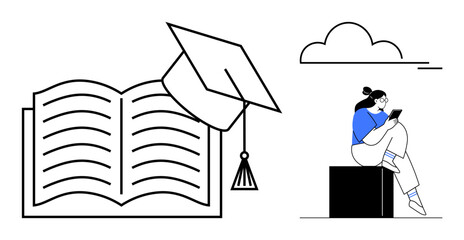 Graduation cap atop an open book opposite a student reading on a block with a cloud overhead. Ideal for education, graduation, learning, study, academic achievement, knowledge, and schooling themes