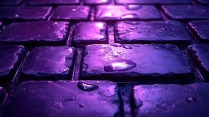 Wet cobblestone pavement glowing purple.