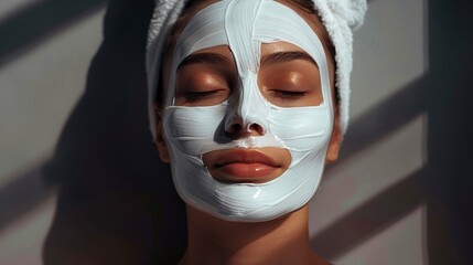 A woman has a towel on her head and a facial mask on her face