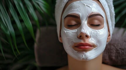 A woman in a towel has a white mask concealing her face