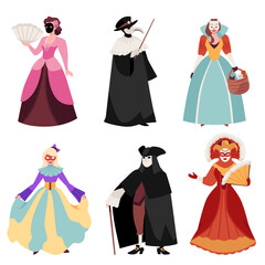 People in traditional Venice carnival costumes vector flat set, Plague Doctor, princess, woman cat characters masquerade
