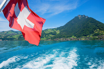 boat trip lake Thunersee, swiss flag