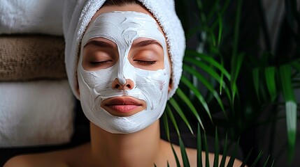A woman in a towel has a white mask concealing her face