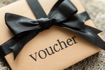 This elegant voucher gift card, with a chic black ribbon, is ideal for various celebrations, adding a luxurious touch to promotions and events that impress with its refined sophistication