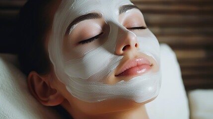 A woman is reclined on a surface wearing a white mask on her face
