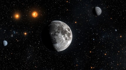 Fototapeta premium An artist's depiction of the solar system planets, with the moon prominent in the foreground and Earth positioned behind