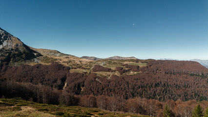 Aerial shot of village in Komovi valley under blue sky in Montenegro in the autumn season. Beautiful breathtaking mountain landscape. Small houses, golden forest and mountain range on horizon.