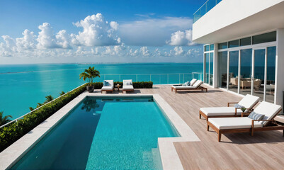 Fototapeta premium A rooftop pool with lounge chairs offers stunning views of the turquoise ocean and blue sky