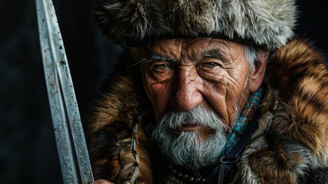 A seasoned Viking warrior stands firm, gripping a spear, his wise and strong features illuminated against a dark setting