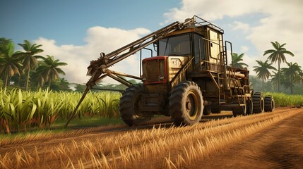 Fototapeta premium A photo of a sugarcane harvester in a tropical field