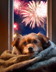 A frightened dog hiding under blankets, scared of fireworks