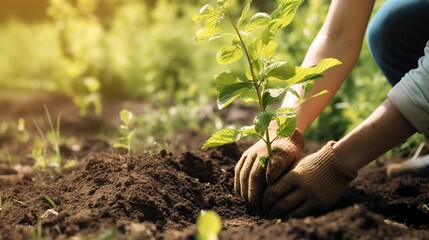 A person is carefully planting a small green plant into the dirt