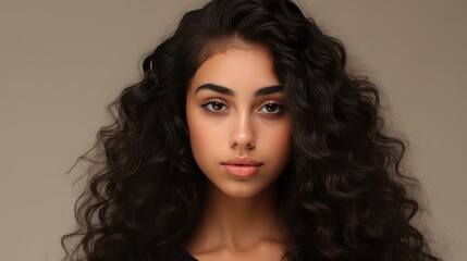 Fototapeta premium Elegant portrait of a woman with lush wavy brown hair and soft makeup on a neutral backdrop