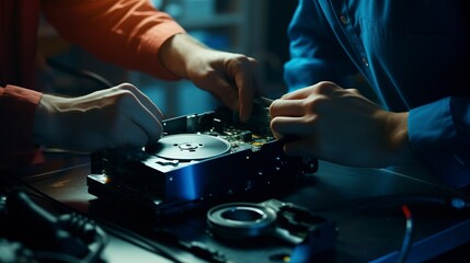 A photo of a technician installing a new hard drive