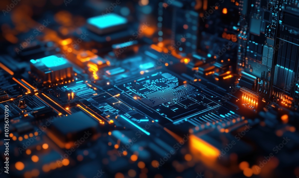 Poster futuristic circuit board with glowing components and intricate patterns