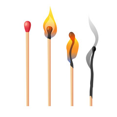 Stages step by step of whole and burnt wooden matchstick with different flame isolated on white background.
