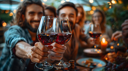 Group of friends raising red wine glasses in a toast during an outdoor evening meal, surrounded by warm lights and festive ambiance