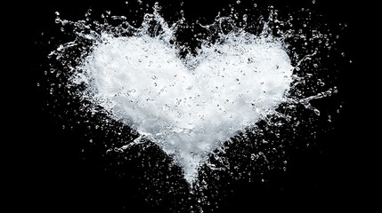 Obraz premium A white heart symbol with water droplets splashing from its center on a black background