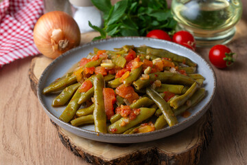 Traditional delicious Turkish food; Green beans with olive oil; Turkish name; Zeytinyagli taze fasulye