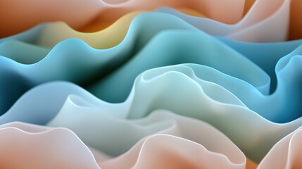 Fototapeta premium A computer-generated image features a wavy pattern made from blue, beige, and white materials, with a central yellow dot