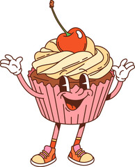 Groovy cupcake or muffin cute character. Cafe sweet meal cheerful cartoon character, bakery pastry food or restaurant dessert cute groovy mascot. Cupcake with cream and cherry isolated funny personage