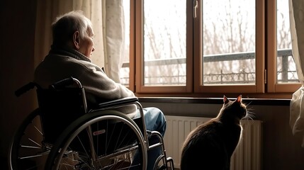 An elderly man in a wheelchair gazes out the window with his cat