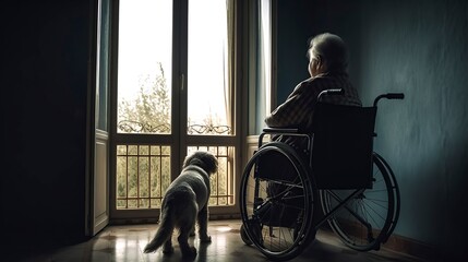 An elderly man in a wheelchair gazes out the window with his dog